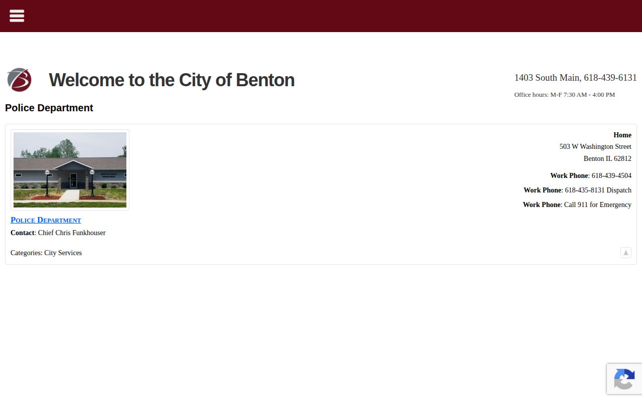 Benton Police Department page for Franklin County recent arrest report contacts