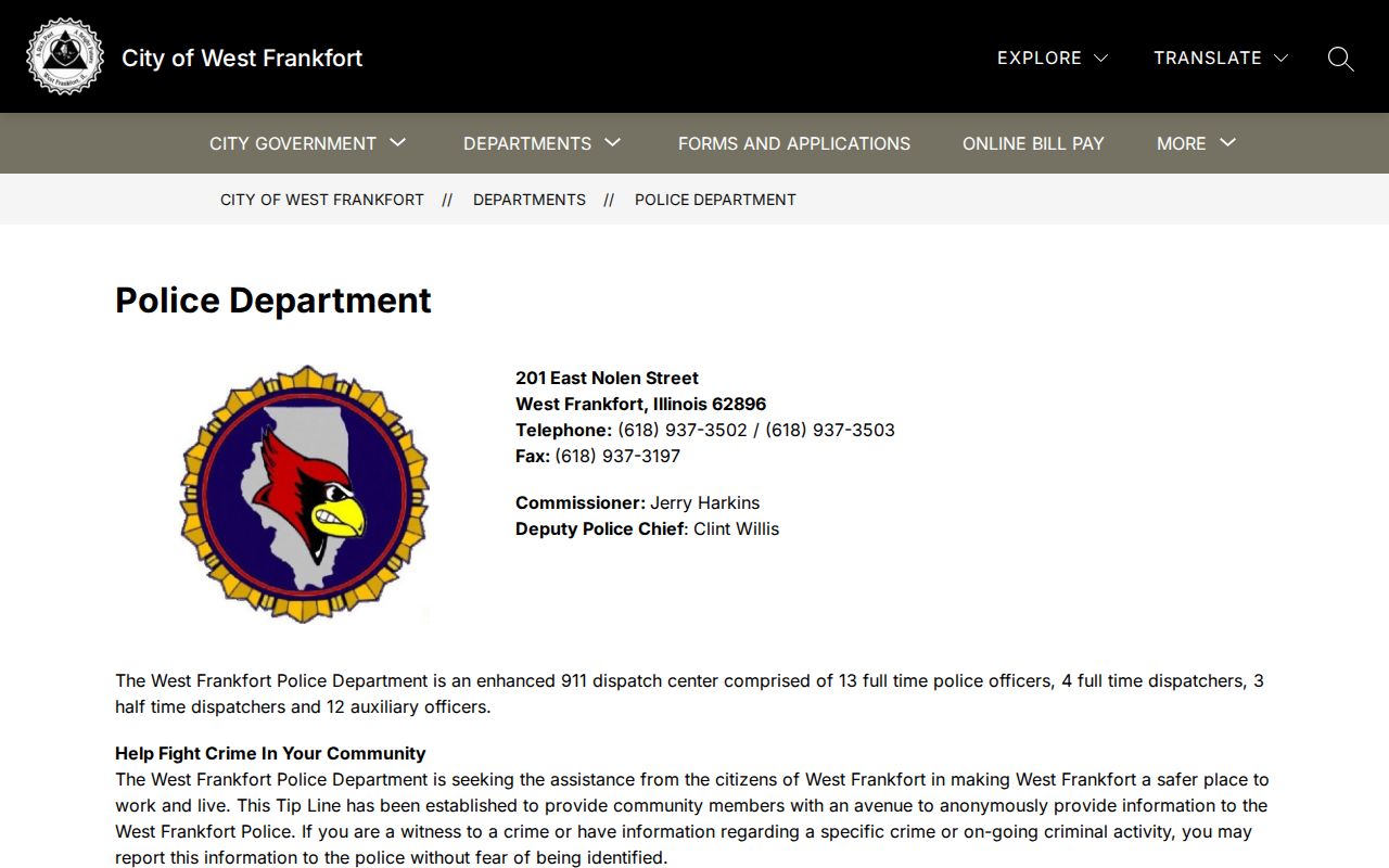 West Frankfort Police Department contact page for Franklin County recent arrest records