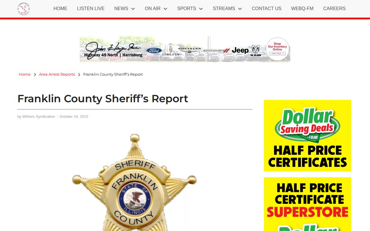 WEBQ secondary repost of a dated Franklin County arrest report
