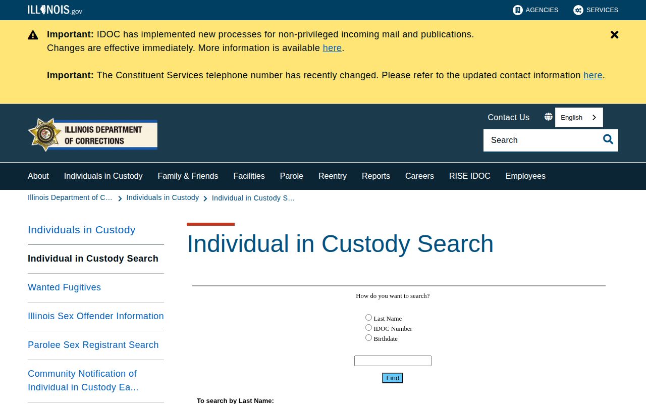 Illinois Department of Corrections official inmate search webpage